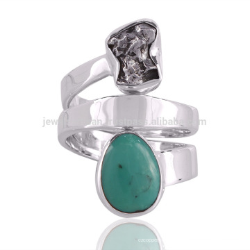 Meteorito Natural Áspero e turquesa tibetana Gemstone 925 Sterling Silver Spinner Ring